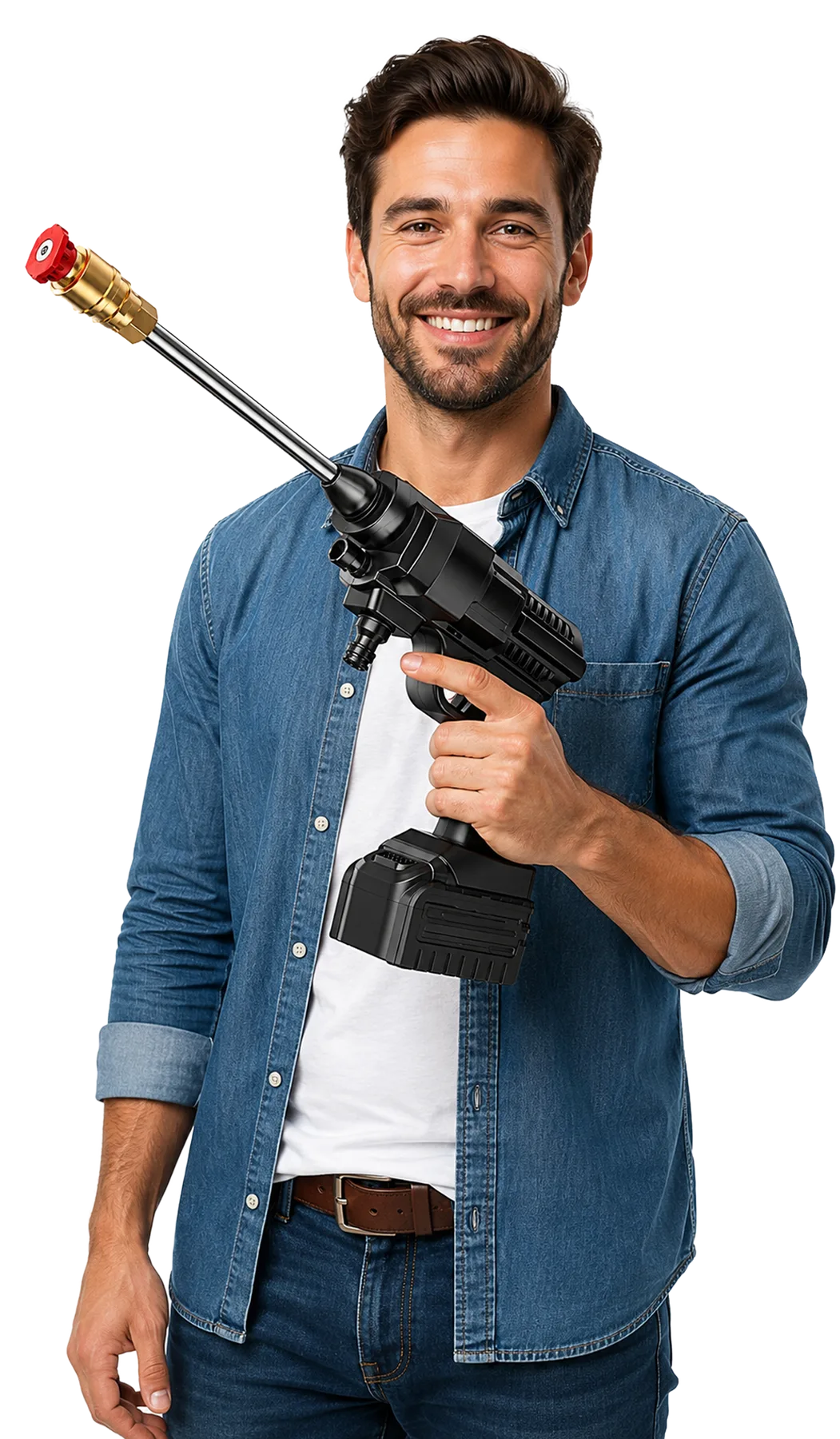 Man holding wireless pressure washer